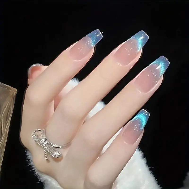 24pcs Aurora Blue Gradient Press On Nails, Glitter Fake Nails With Chameleon Effect, Long Ballet Shape Sparkle False Nails For Women Girls